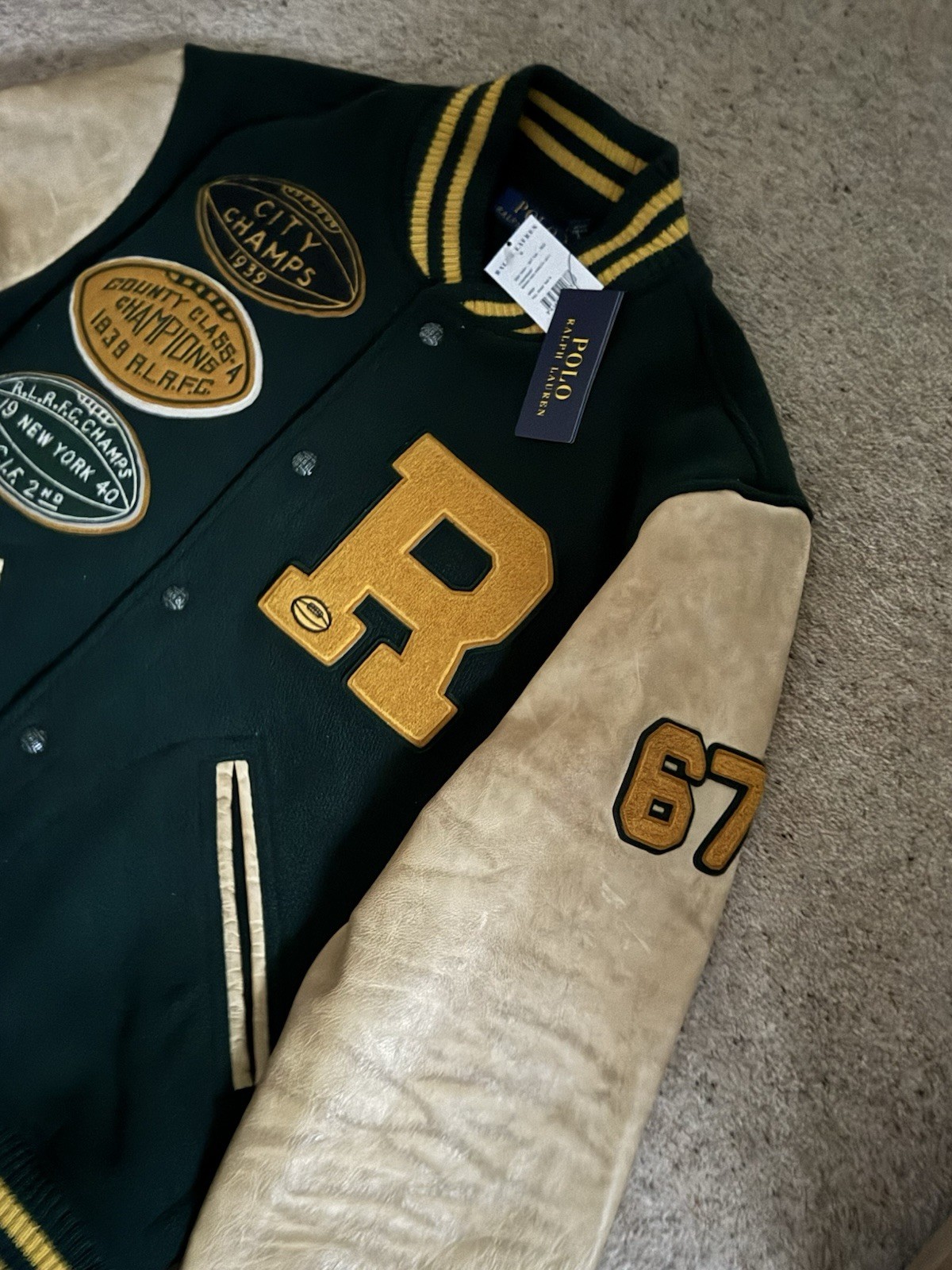 POLO RALPH LAUREN ICONIC LETTERMAN VARSITY LEATHER JACKET, MEDIUM, RRP£1200, NEW image 2