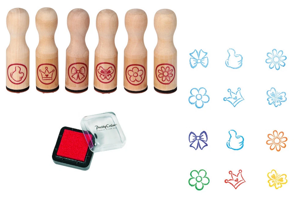 AMEISENKEKS Stempelset 6 Stück BLUMEN SCHLEIFE DAUMEN + Stempelkissen Motivationsstempel NEU