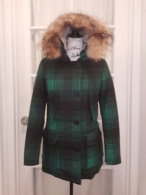 Freedomday Green Wool Down Puffer Parka Coat Tartan Plaid Raccoon Fur Trim Lined