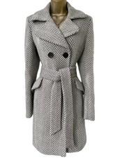 Karen Millen Vintage Uk 12 Wool Blend Herringbone Belted Coat
