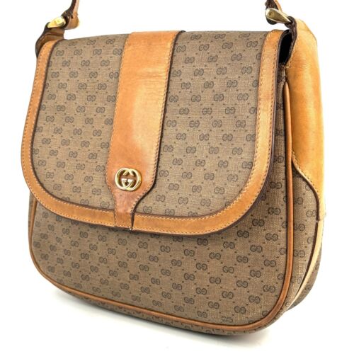 Vintage Gucci Shoulder Bag From Japan Micro GG Crossbody PVC Brown