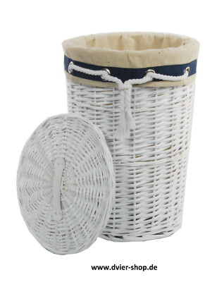 Laundry Basket Wicker White Round Navy Lid Cover D.32 H.48 