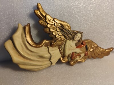 Cherub Angel Playing Harp Hanging Ornament Large 10.5 In Hollow Plastic 