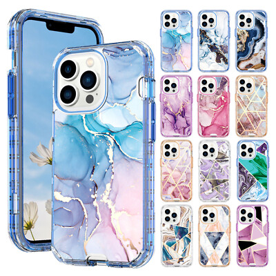 For iPhone 16 Pro Max 15 14 13 Shockproof Luxury Marble Pattern Hybrid Case