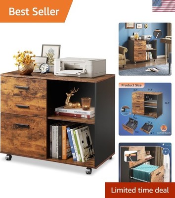 3-Drawer Mobile File Cabinet, Lateral Filing Cabinet, Rustic Brown | Wood, Ro...