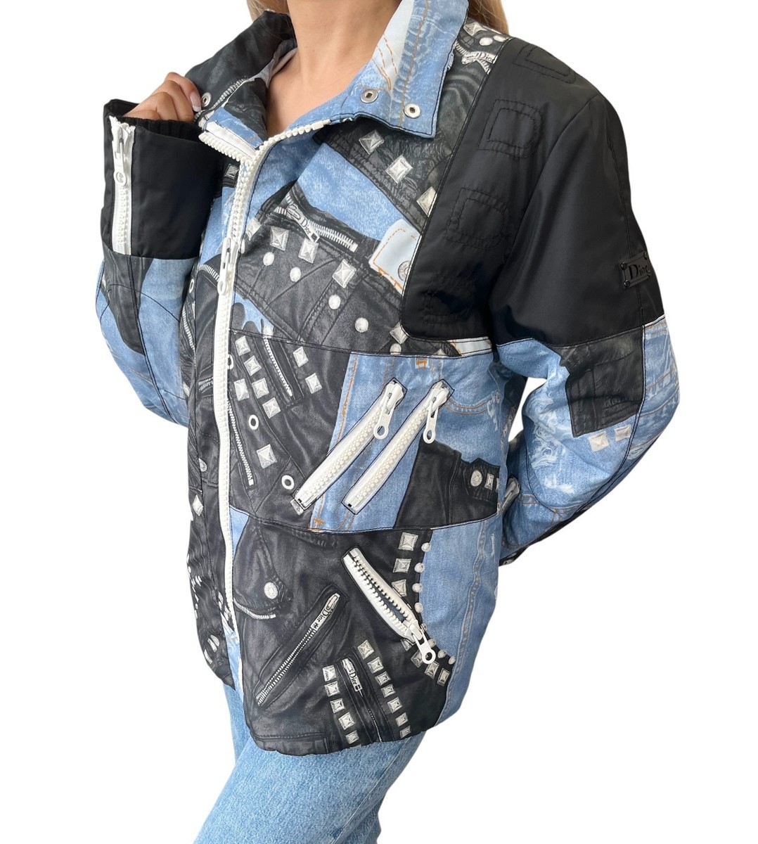 Christian Dior Vintage 2004 Logo Puffer Jacket Zip #44 Black Blue
