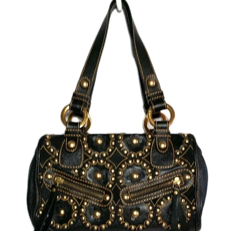 VINTAGE ISABELLA FIORE STUD MUFFIN TOTE HEAVILY STUDDED BLK FLORAL HANDBAG $795 - Image 2 of 4