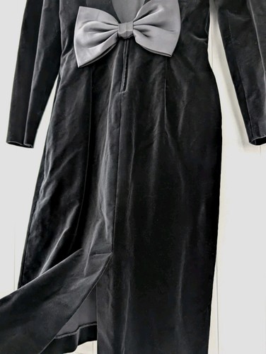 Vestido Formal Vintage Años 80 Terciopelo Negro Manga 12 Abullonada Sin Espalda Vaina Lazo - Imagen 2 de 12