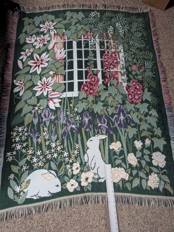 Woven Tapestry Throw By Crown Craft Rabbit Spring Garden Flowers 46"X60" - Image 3 of 4