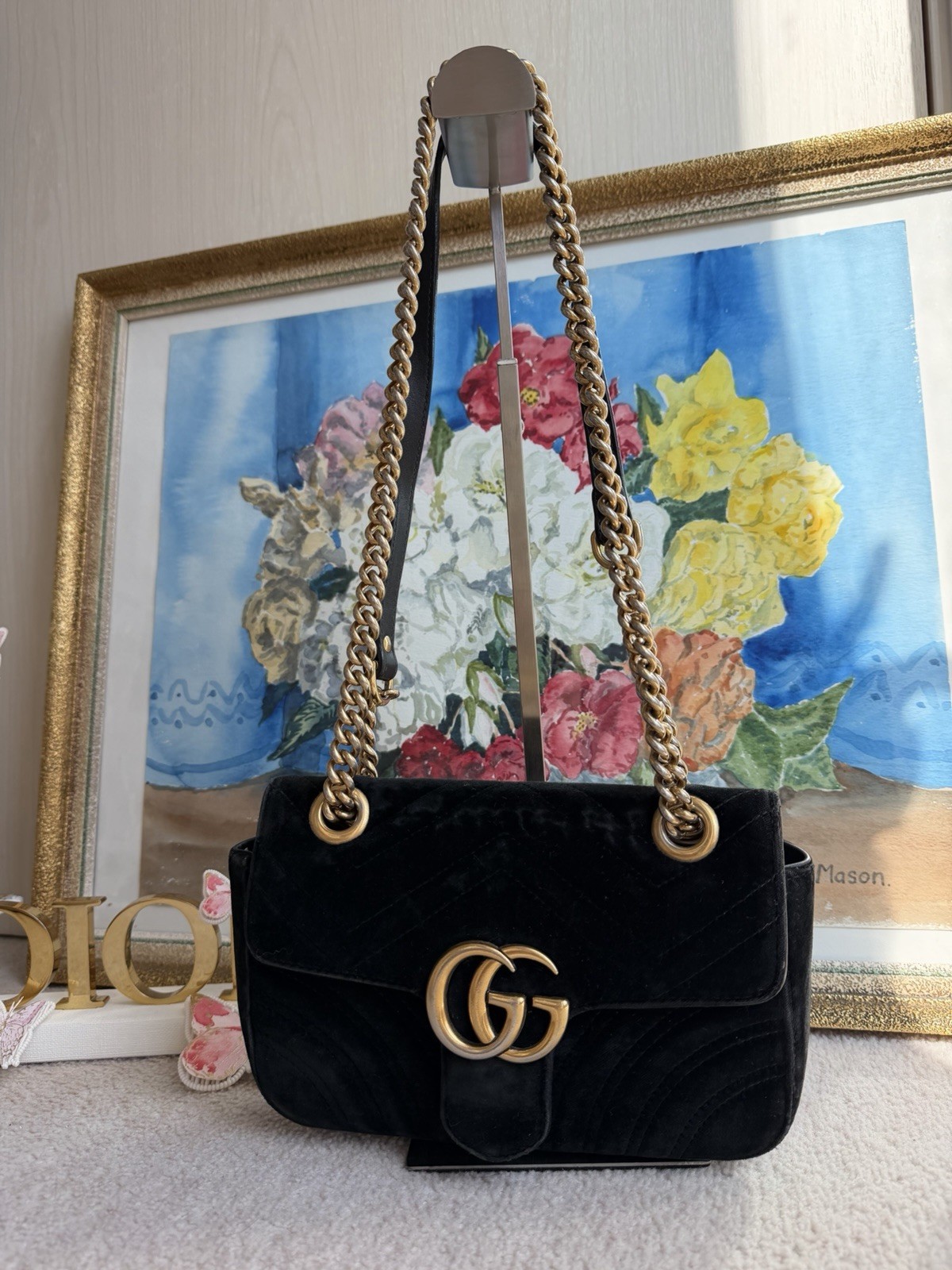 Gucci GG Marmont Black Velvet Flap Bag Matelasse Small Crossbody Shoulder Bag