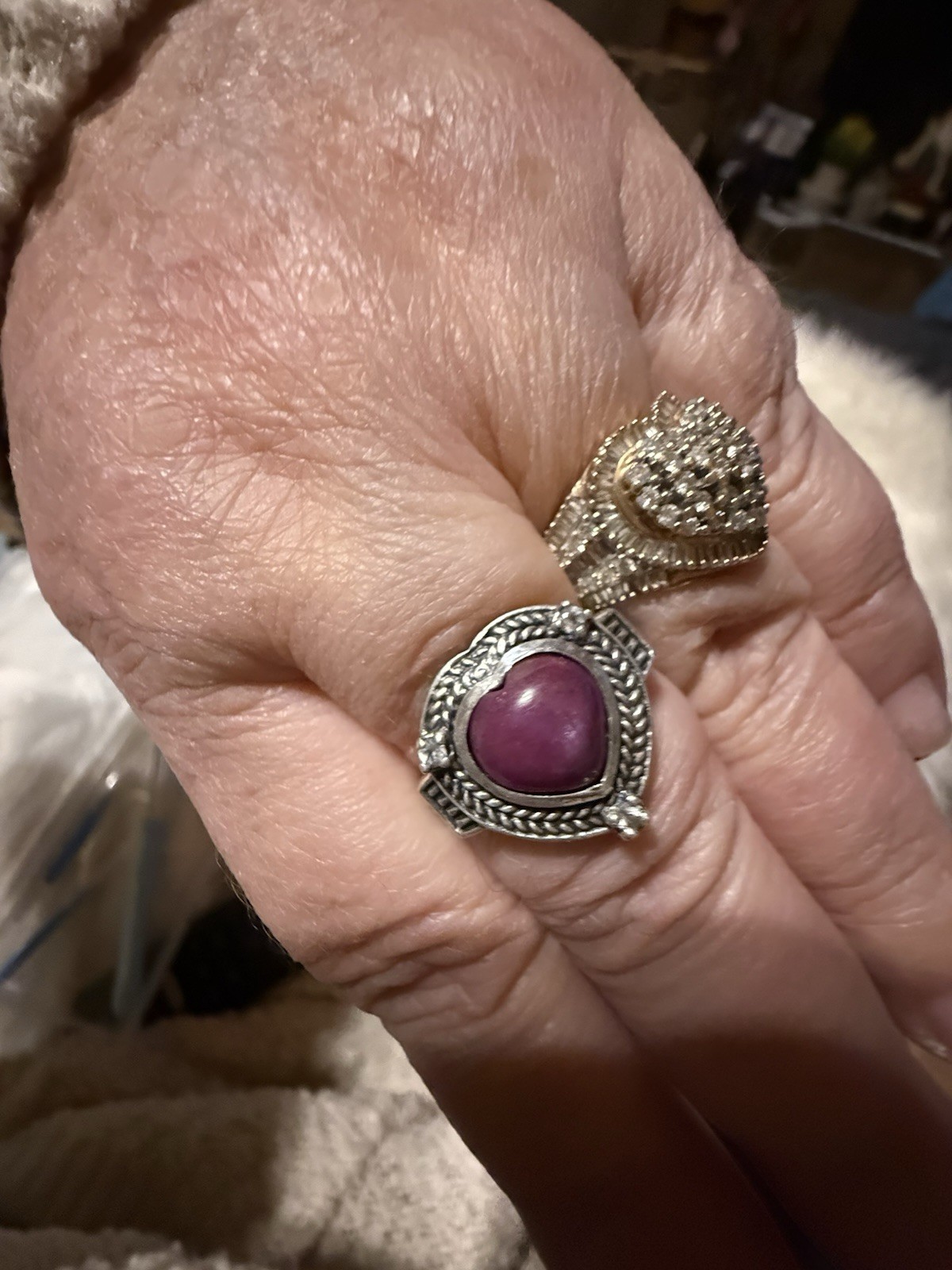 Cabochon Ruby Heart Shaped Ring Diamond Accents S… - image 3