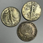 1907-S Barber Half Dollar and (2) Walking Liberty  Low Mintage lot of Three