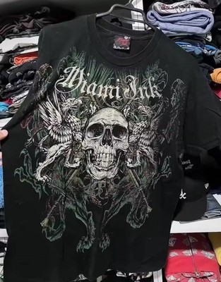 Vintage Miami Ink Tattoo Skull Graphic T-Shirt Mens Grunge Biker