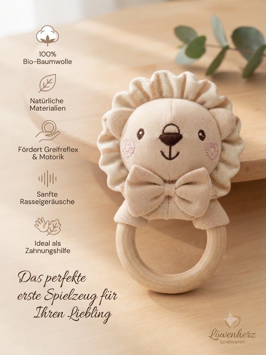 Holz-Greifring Babyrassel/Greifling Löwe beige, Motorikschulung