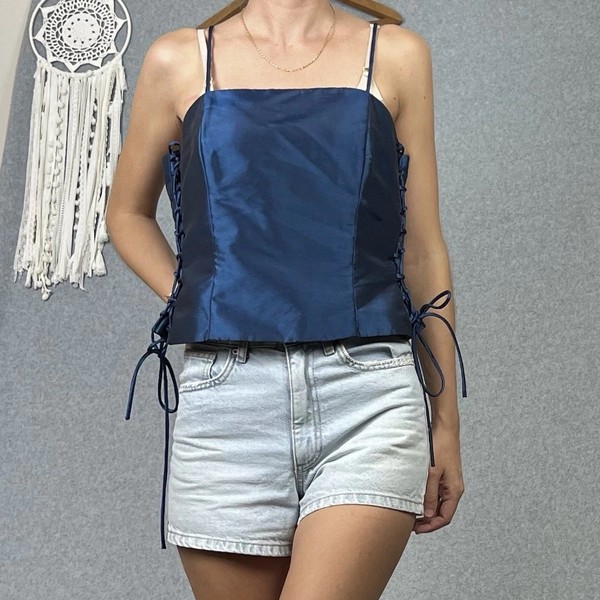Vintage Purple Patch Corset Top Womens 14 L Blue Satin Cami Camisole Y2K Goth