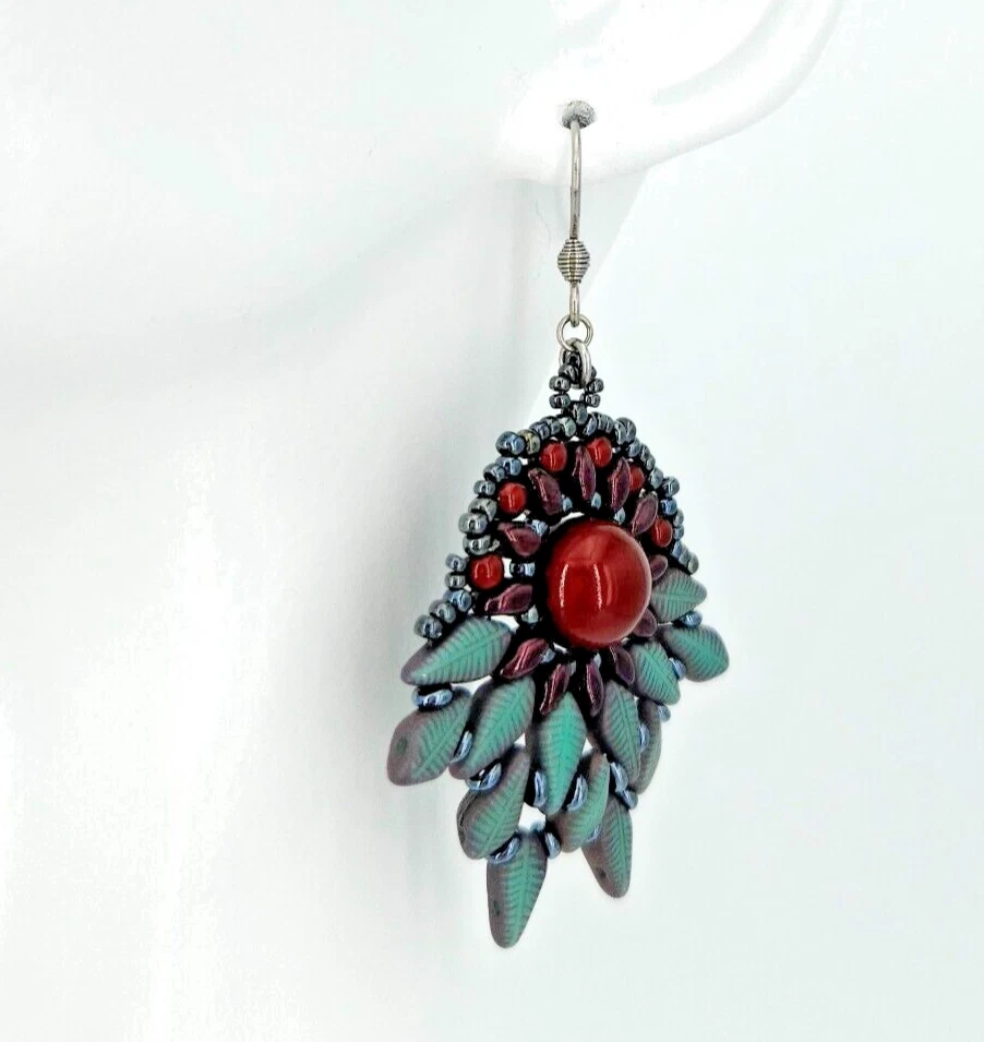 Ohrringe Grün Rot 925 Silber Ohrhaken Handarbeit Perlen Glasperlen Damen Schmuck - Bild 4 von 4