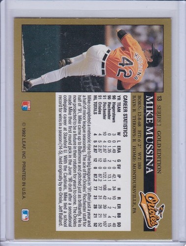 Mike Mussina 1992 Leaf Black Gold Baseball Card 13 Grade Mint - Picture 2 of 2