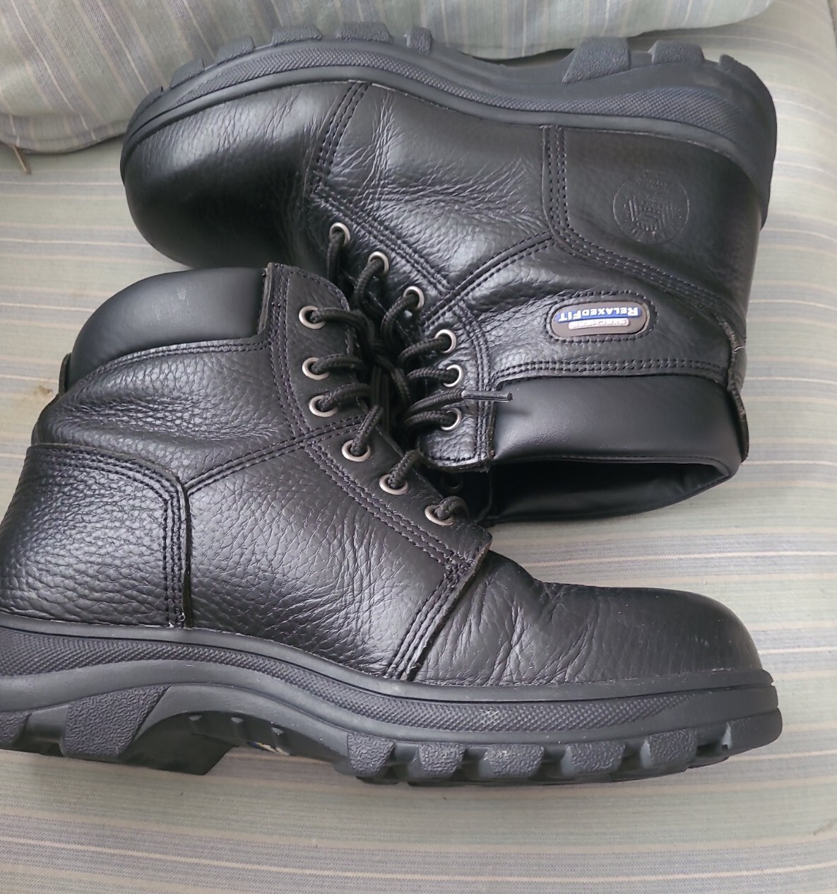 Skechers Preowned Relaxed Fit Steel Toe Black Leather Boots Mens Size