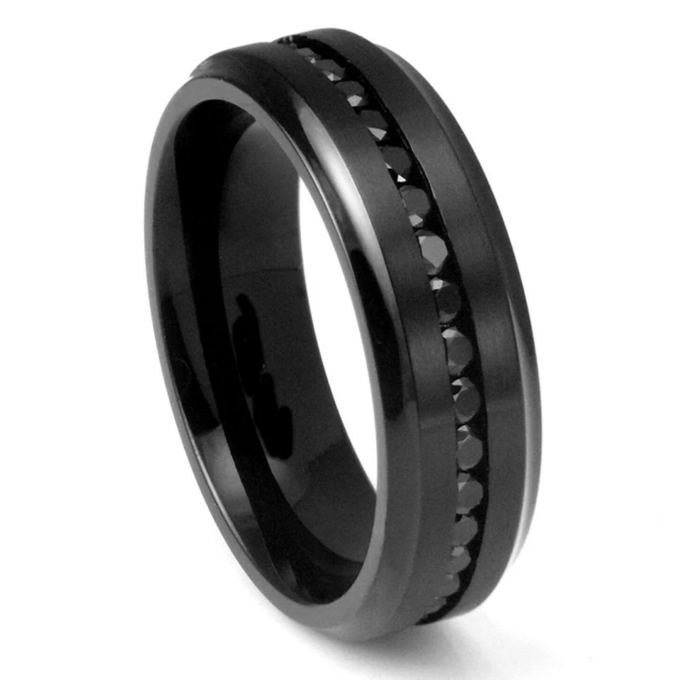 Anillo de Titanio Unisex Negro Placa IP Anillo de Titanio Borde Biselado Eternidad Negro Circonita Foto 2 de 2