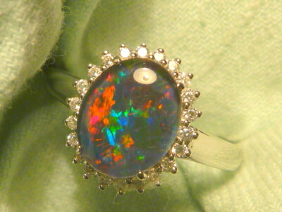 Womens Opal Ring Sterling Silver & CZ, 10x8 mm Oval Shape Triplet. item 180312.