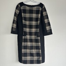 M&S Autograph Dress Sz 12 Grey Neutral Check Wool Mix Pencil Bodycon 3/4 Sleeve