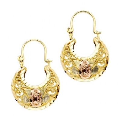 14K Tri Color Gold Hoop Basket Vigin Virgen Guadalupe Hoop Earrings Aretes Oro
