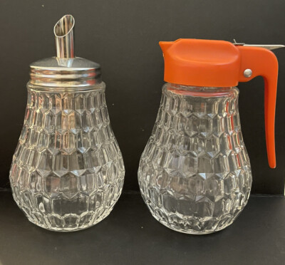 Vintage Honeycomb Clear Glass Cream & Sugar/Syrup Set Orange Handle