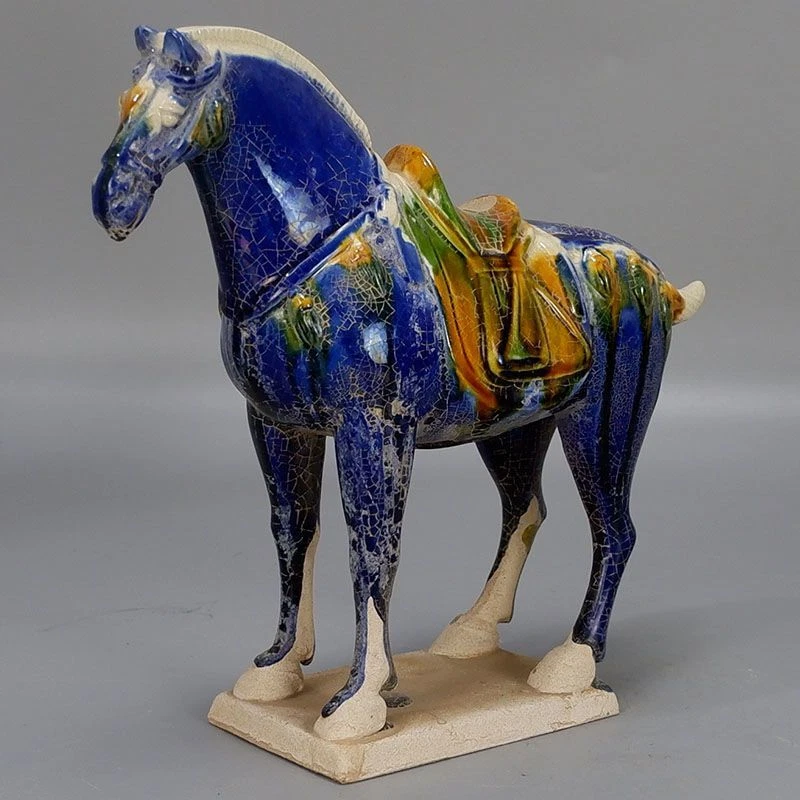 9" Chino Tang Tri-Color Esmaltado Cerámica Azul Caballo de Guerra Porcelana Estatua Regalo Foto 4 de 4
