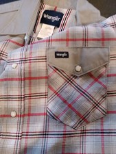 Vintage Wrangler Pearl Snap Shirt Mens L Gray Plaid Button Up Brushpopper