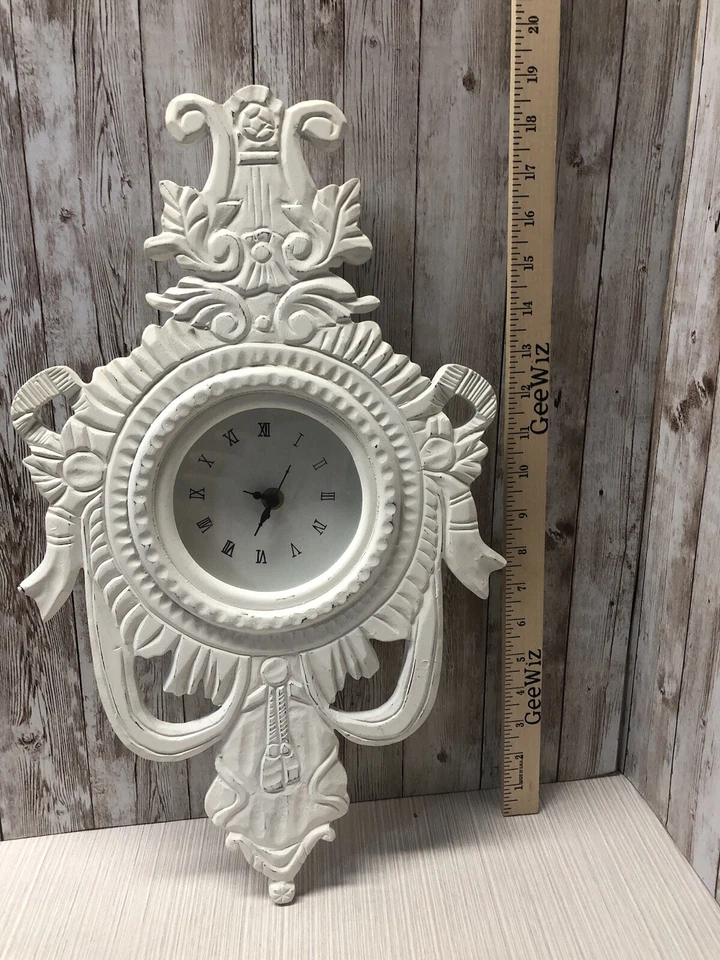 White Wood Carved Scroll Wall Clock 18” Ribbon Scroll Shabby Chic FREE SHIPPING - Image 2 of 4