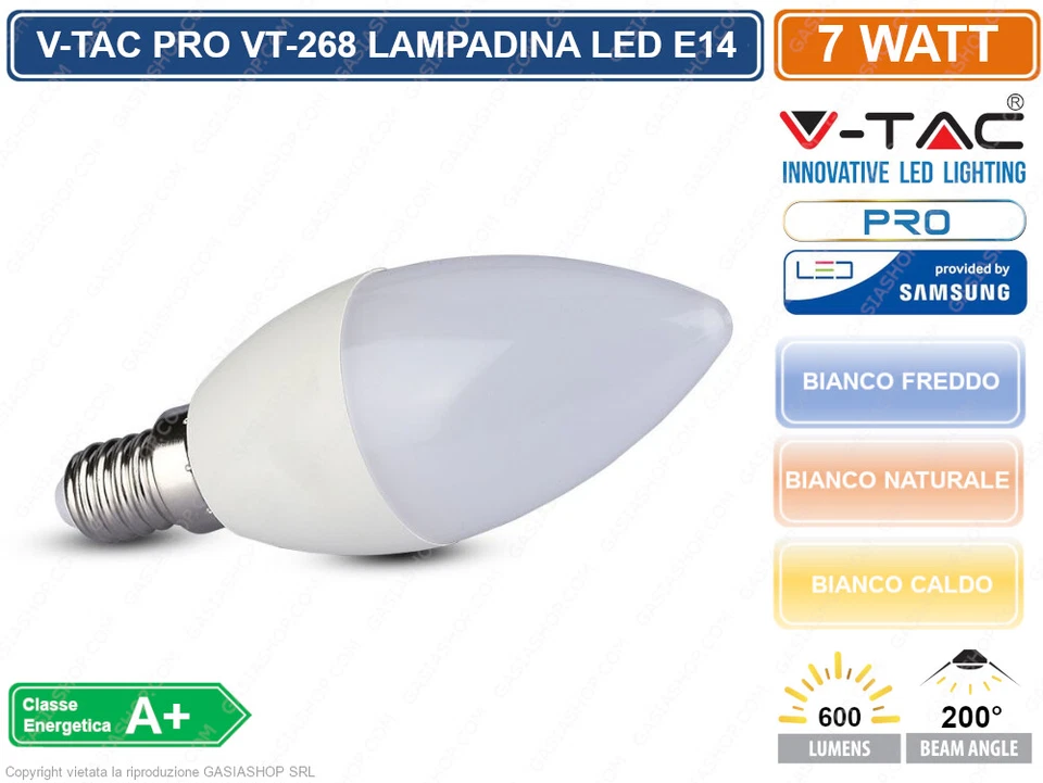 CONFEZIONE 10 PEZZI V-TAC PRO VT-268 LAMPADINA LED E14 7W CANDELA CHIP SAMSUNG - Immagine 2 di 2