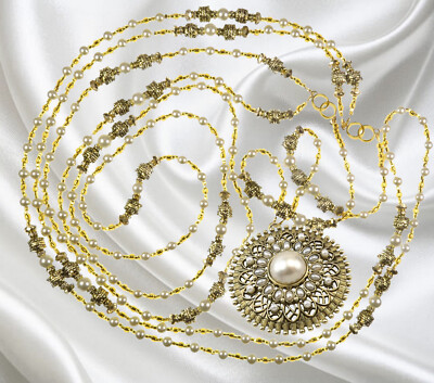 Wedding Lasso Handmade, Ivory Colored Pearls, Gold Tone Round Pendant