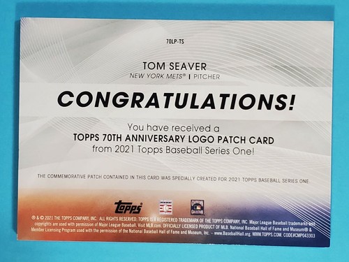 Patch commemorativa 2021 Topps 70° anniversario Tom Seaver Mets #70LP-TS - Foto 2 di 2