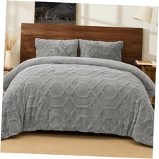 Warm Sherpa Fleece Comforter Set, 3D Tufted Fluffy Bedding for King Grey