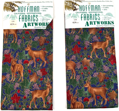 NOS Vtg Deer Leaves Forest Fawn Grapes Fabric Hoffman California 2 pc 18'' x 45''