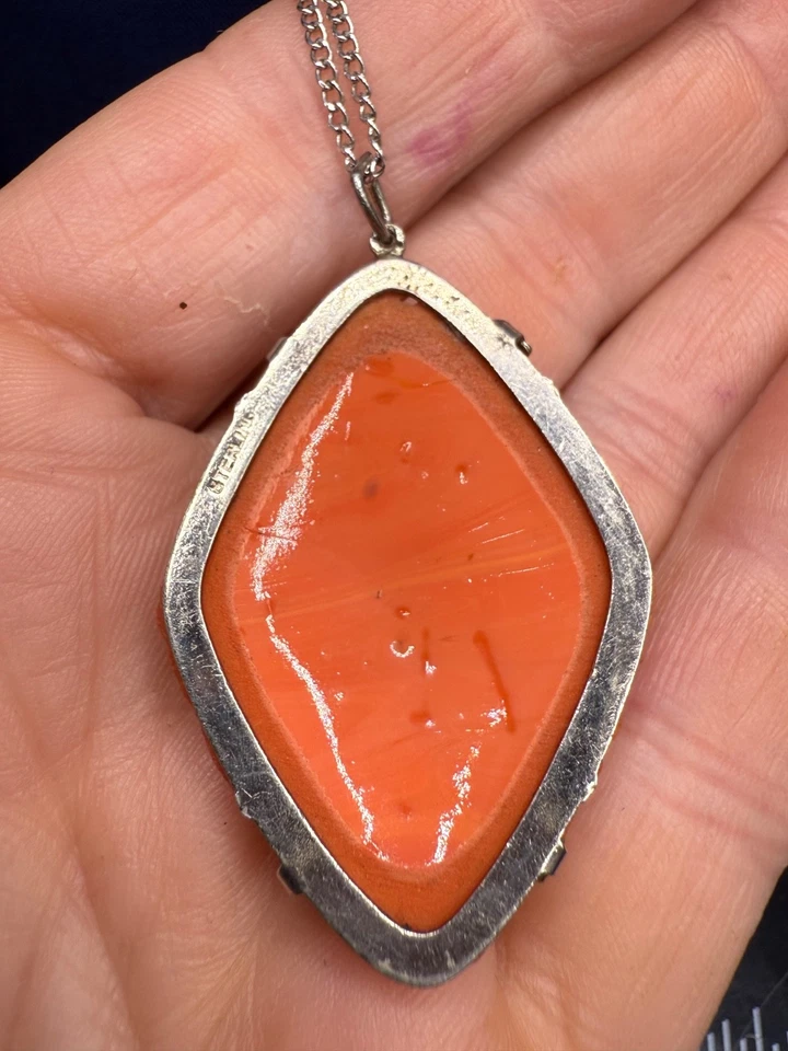 Collar Vintage Plata de Ley Tallado Floral Resina Colgante 18" Foto 3 de 4