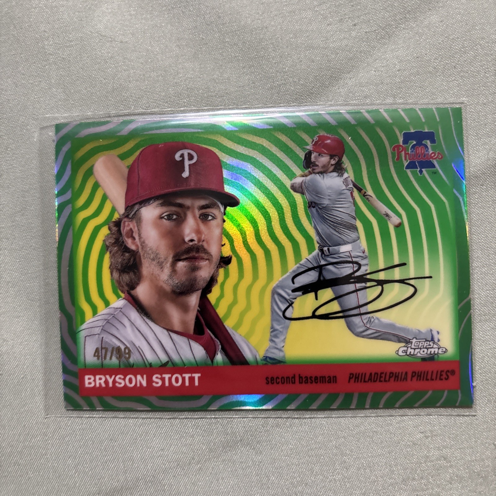 2025 Topps Chrome Platinum-#145 Bryson Stott Green Vibrations Refactor /99