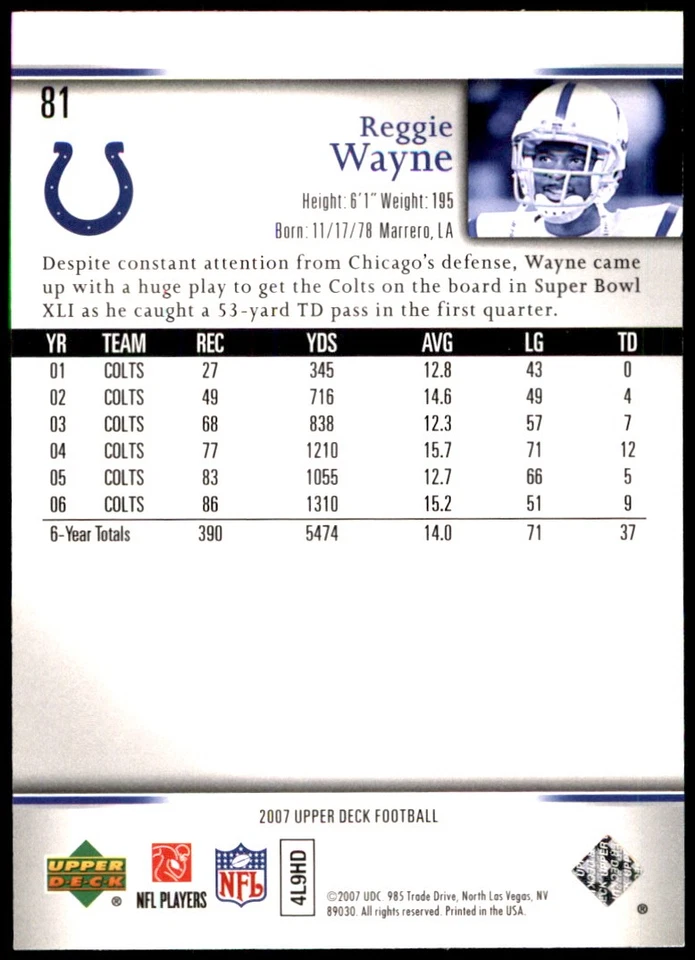 Reggie Wayne 2007 Upper Deck #81 Colts NFL READ FREE SHIPPING AutographDen - Image 2 of 2