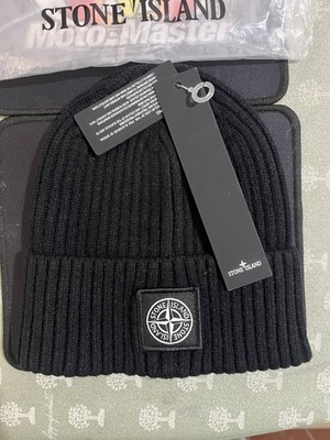 Stone Island Herren Strickmütze mit schwarzem Revers Logo Patch Einheitsgröße