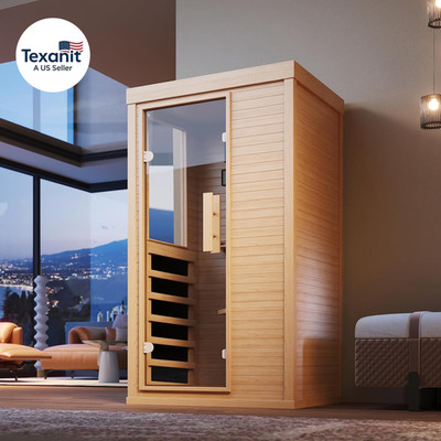 Wood Infrared Sauna, 1 Person Traditional Home Sauna, Canadian Hemlock Indoor Dr