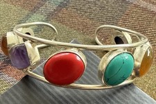 Chunky Silver Tone Large Chunky Cuff Bangle Bracelet Colourful Gem Stones