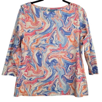 J McLaughlin Swirl Print Top L Pink Blue Coastal Preppy Resort Coastal Classic