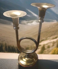 Brass Metal Double Taper Candle Holders Music Horn , 11" tall Candleabra