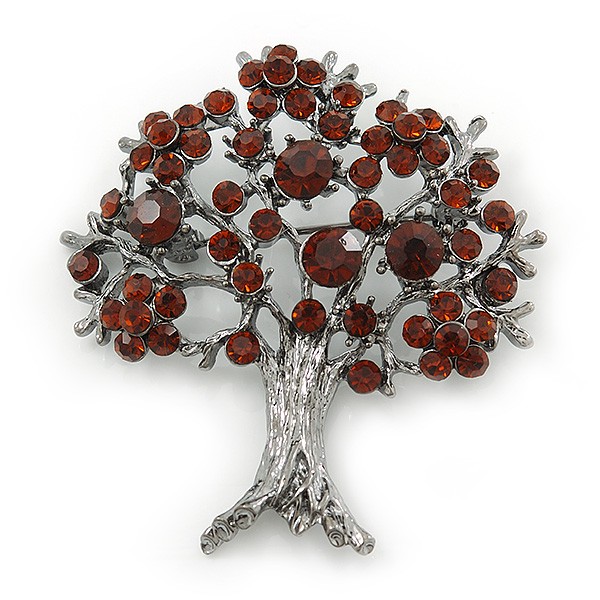 Dark Amber Coloured Crystal 'Tree Of Life' Brooch In Gun Metal Finish - 52mm