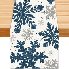 Christmas Winter Table Runner, Blue Sliver Snowflakes Tabletop Runners Xmas S...