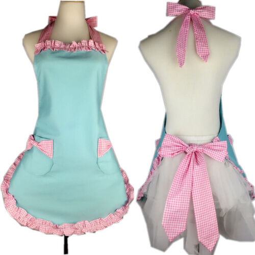 Retro Princess Women Bib Apron Check Frill Bow Pockets Maid Waitress Work Apron - Picture 1 of 15