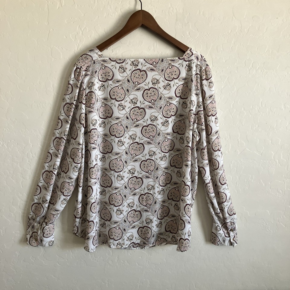 LOFT Top Womens XL Extra Large Beige Floral Blouse Square Neck Pullover