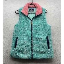 Simply Southern Sherpa Vest Womens Small S Aqua Blue Pink Deep Pile Soft Preppy