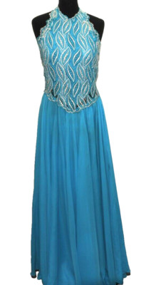 VINTAGE MAXI ZWEITEILIGES BALL CAPE KLEID KLEID TÜRKIS 12 UK