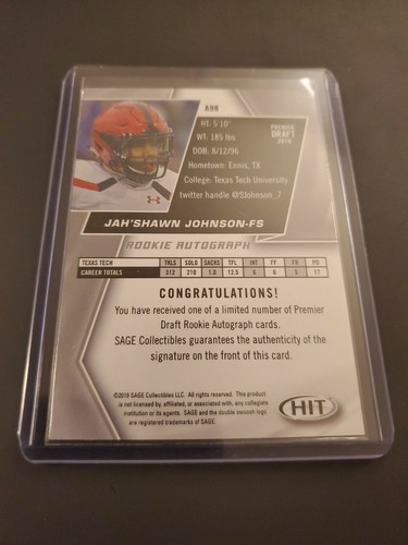 2019 Sage Hit Premier Draft Rookie Auto Jah'Shawn Johnson RC/100 SP! TEXAS TECH - Foto 2 di 2